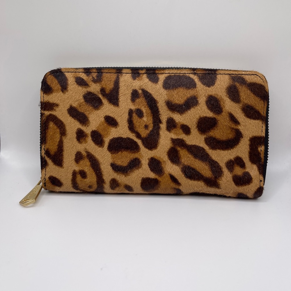 Leopard calf hair zip around wallet